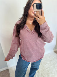 Mauve Washed V-Neck Knit Top