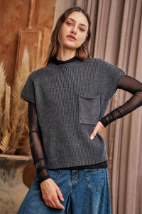 Charcoal Mock Neck Short Sleeve Sweater Top