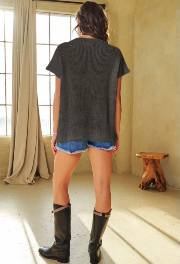 Charcoal Mock Neck Short Sleeve Sweater Top