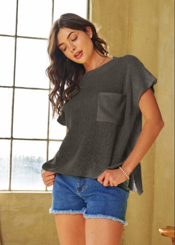 Charcoal Mock Neck Short Sleeve Sweater Top